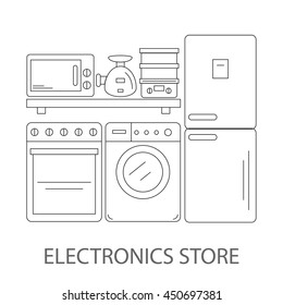 Electronics store image in the style of the line. Home appliances on store shelves. Vector illustration.