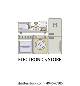 Electronics store image in the style of the line. Home appliances on store shelves. Vector illustration.