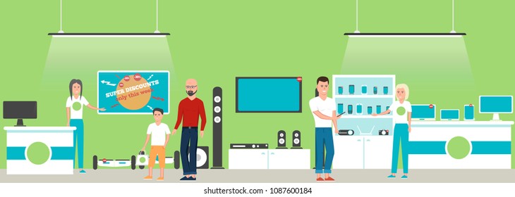 Electronics Store Interior Banner With Shopping People. Vector Illustration In Flat Style.