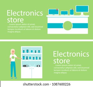 Electronics store interior banners with digital gadgets. Vector illustration in flat style.
