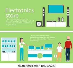 Electronics store interior banners with shopping people. Vector illustration in flat style.