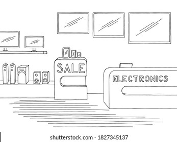 Electronics Store Interior Graphic Black White Sketch Illustration Vector