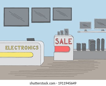 Electronics Store Interior Graphic Color Sketch Illustration Vector 