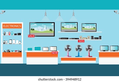 Electronics Store Interior, Laptops, Mobile Phones, Television, Computers, Pocket Wifi, Camera And Fan On Shelf ,vector Illustration.