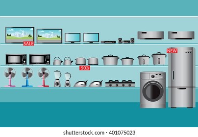 Electronics Store Interior, Laptops, Television, Computers, Fan, Toaster, Refrigerator, Washing Machine, Kettle, Rice Cooker, Air Conditioner,  Iron And Blender Fruit On Shelf ,vector Illustration.