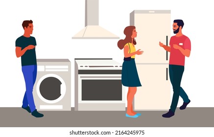 Electronics store with kitchen equipment, customers buying products and shop assistant. Waching machine, fridge, stove. Editable vector illustration