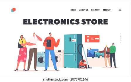 Electronics Store Landing Page Template. Family Buying Household Goods, Couples Characters Purchase Appliances With Consultant Help. Consumers Choose Home Technics. Cartoon People Vector Illustration