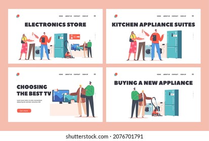 Electronics Store Landing Page Template Set. Family Buy Household Goods, Couples Characters Purchase Appliances with Consultant Help. Consumers Choose Home Technics. Cartoon People Vector Illustration