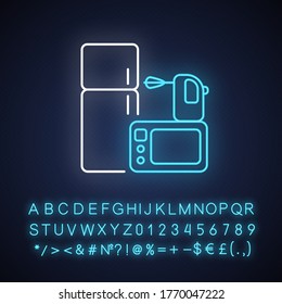 Electronics Store Neon Light Icon. Household Equipment. Small And Major Domestic Appliance. Outer Glowing Effect. Sign With Alphabet, Numbers And Symbols. Vector Isolated RGB Color Illustration