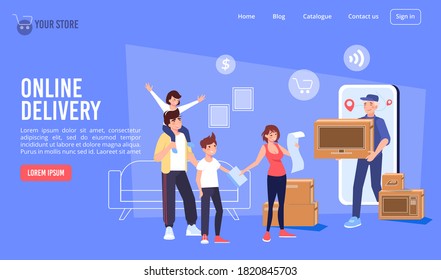 Electronics store online delivery service. Happy family children meeting courier delivering purchase to door. Buy goods home appliance via internet. Mobile trekking application. Landing page design