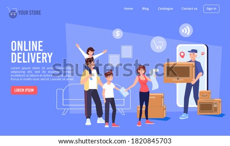 Electronics store online delivery service. Happy family children meeting courier delivering purchase to door. Buy goods home appliance via internet. Mobile trekking application. Landing page design