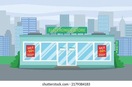 Electronics Store With Promotional Posters.