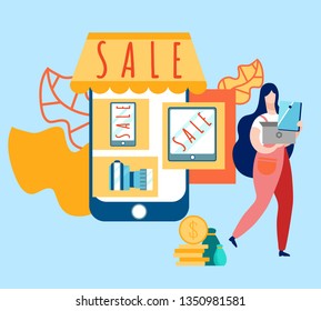 Electronics Store Sale Cartoon Vector Illustration. Affordable Prices for Modern Gadgets. Special Offer, Discount for Cameras. Happy Client Purchasing Laptop, Tablet. Consumerism. Cheap Devices