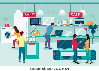 Electronics store sale promotion, vector flat illustration. The best deals and discounts on consumer electronic products and people shopping composition for poster, banner, flyer etc.