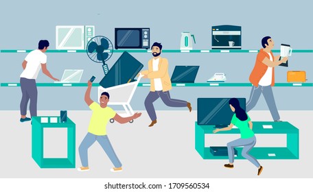 Electronics store sale, vector poster, banner template. Happy male and female characters shopping tv, blender, mobile phones. Promotions, sales, offers and discounts on consumer electronic products.