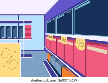 Electronics store showcasing discounted items with special offer signs on shelves
