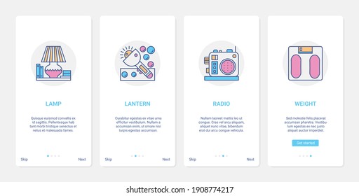 Electronics store, small household appliances vector illustration. UX, UI onboarding mobile app page screen set with line lighting home domestic technology, electric lamp lantern radio scales symbols