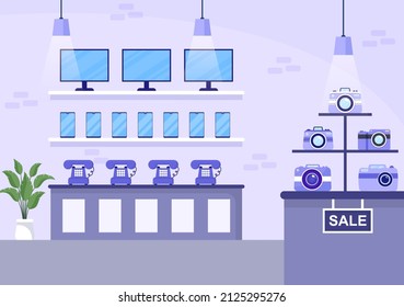 Electronics Store that Sells Computers, TV, Cellphones and Buying Home Appliance Product in Flat Background Illustration for Poster or Banner