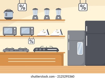 Electronics Store that Sells Computers, TV, Cellphones and Buying Home Appliance Product in Flat Background Illustration for Poster or Banner