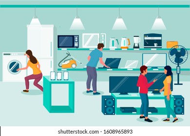 Electronics store, vector flat illustration. Male and female characters sellers or shop assistants and customers choosing home appliances and electronics such as washing machine, tv, home theater.