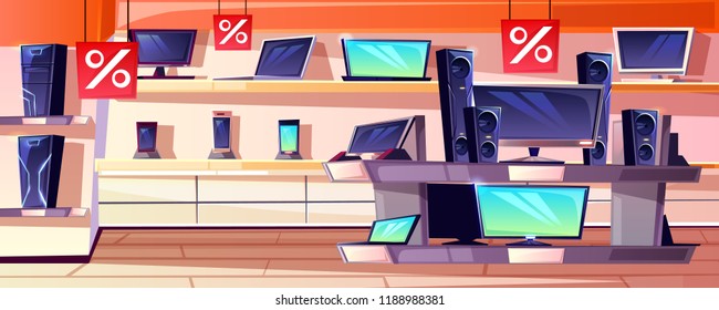 Electronics store vector illustration of consumer appliances shop department interior in trade mall. Sale for digital mobile phones, computers or TV and audio system on shelves display