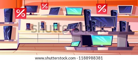 Electronics store vector illustration of consumer appliances shop department interior in trade mall. Sale for digital mobile phones, computers or TV and audio system on shelves display