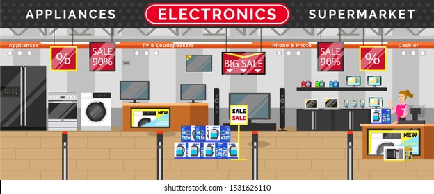 Electronics supermarket, big sale in stores. Kitchen and living room appliances. TV and loudspeakers, phone and photo in mall. Black friday discounts on technical devices, black friday, vector