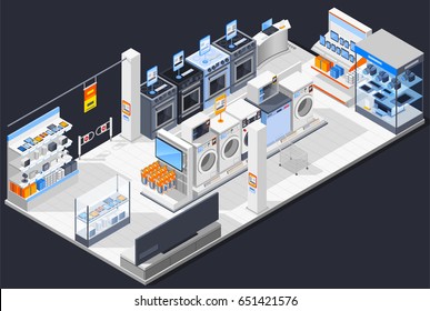 Electronics Supermarket Isometric Composition With Domestic Electric Appliances Retail Store Interior Shop Displays With Items For Sale Vector Illustration