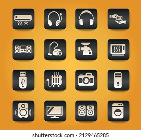 electronics supermarket symbols on black buttons on yellow background
