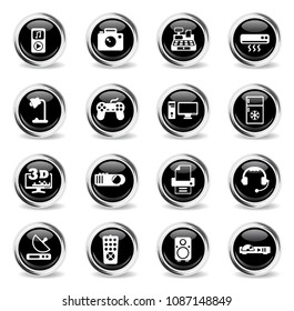electronics supermarket vector icons - black round chrome buttons