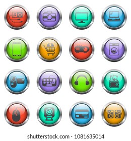 electronics supermarket vector icons on color glass buttons