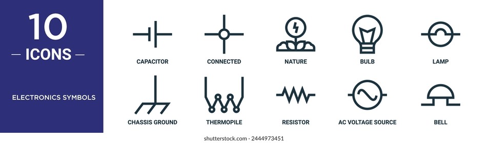 electronics symbols outline icon set includes thin line capacitor, connected, nature, bulb, lamp, chassis ground, thermopile icons for report, presentation, diagram, web design