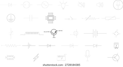 Electronics symbols set in thin outline style, electrical circuit diagram components collection for engineering schematic and technical drawing vector icons