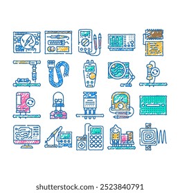 Elektronik-Techniker Industrie doodle Symbole setzen Vektor. Skizze Linie Art Engineer Technologie, Wartungsschaltung, Reparatur, Arbeiter, Ausrüstung, Elektronik-Techniker Industrie Farbabbildungen