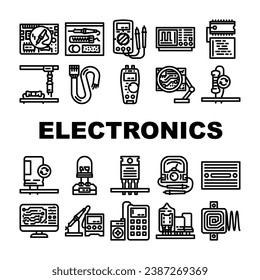electronics technician industry icons set vector. engineer technology, maintenance circuit, repair, work worker, equipment, man electronics technician industry black contour illustrations