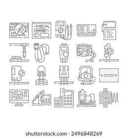 electronics technician industry icons set vector. engineer technology, maintenance circuit, repair, work worker, equipment, man electronics technician industry black contour illustrations