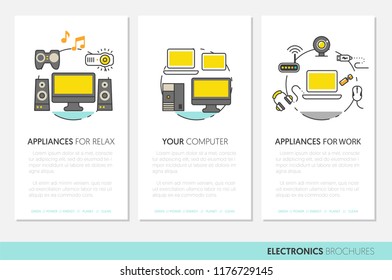 Electronics Technology Business Brochure Template with Thin Line Vector Icons