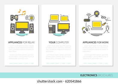 Electronics Technology Business Brochure Template with Thin Line Vector Icons