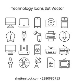 Symbole für Elektronik und Technologie setzen Vektorgrafik-Rahmensymbole in Schwarz und Weiß, einzelne Set-Symbole, Fernmeldesymbole, Multimedia-Symbole, Internet-Vektorgrafik