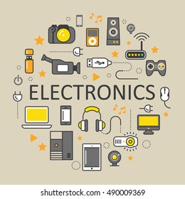Electronics Technology Line Art Thin Vector Icons Set with Computer and Gadgets