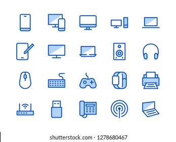 Electronics, Technology Store Blue Line Icon. Vector Illustration Flat style. Included Icons as Tv, Computer, Phone, Audio Devices and more. Editable Stroke