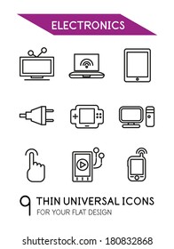 Electronics thin line icon set - 9 computer symbols for your flat design