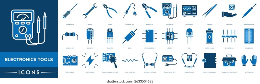 Electronics Tools icon set. Screwdriver, Wrench, Pliers, Soldering Iron, Wire Cutter, Multimeter and Oscilloscope