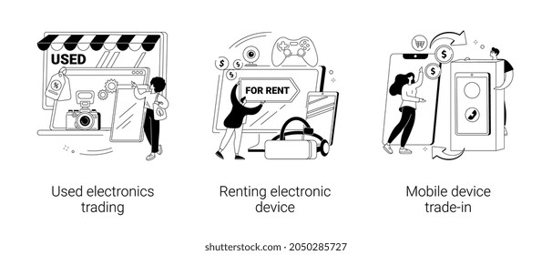 Electronics trade market abstract concept vector illustration set. Used electronics trading, renting electronic device, mobile phone trade-in, sell old smartphone, best deal abstract metaphor.