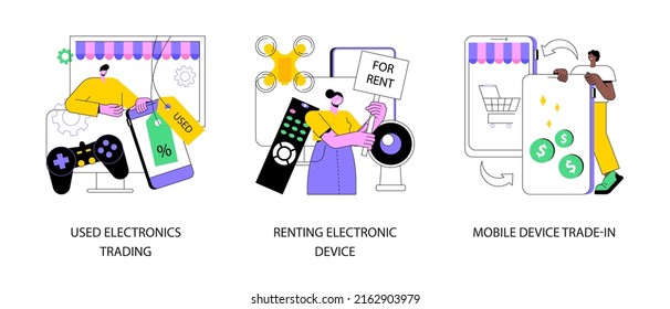 Electronics Trade Market Abstract Concept Vector Illustration Set. Used Electronics Trading, Renting Electronic Device, Mobile Phone Trade-in, Sell Old Smartphone, Best Deal Abstract Metaphor.