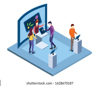 Electronics tradeshow isometric vector illustration. Salesman, promoter advertising devices, visitors testing gadgets characters. Technological museum, modern trade exhibition 3d interior