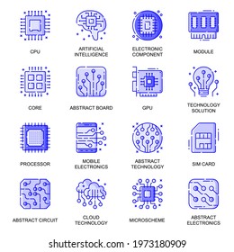 Electronics web flat line icons set. Pack outline pictogram of artificial intelligence, abstract board, computer circuit, sim card concept. Vector illustration of symbols for website mobile app design