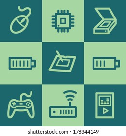 Electronics web icon set 2, green square buttons set