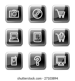 Electronics web icons, black square glossy buttons series