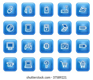 Electronics web icons, blue square buttons with dots